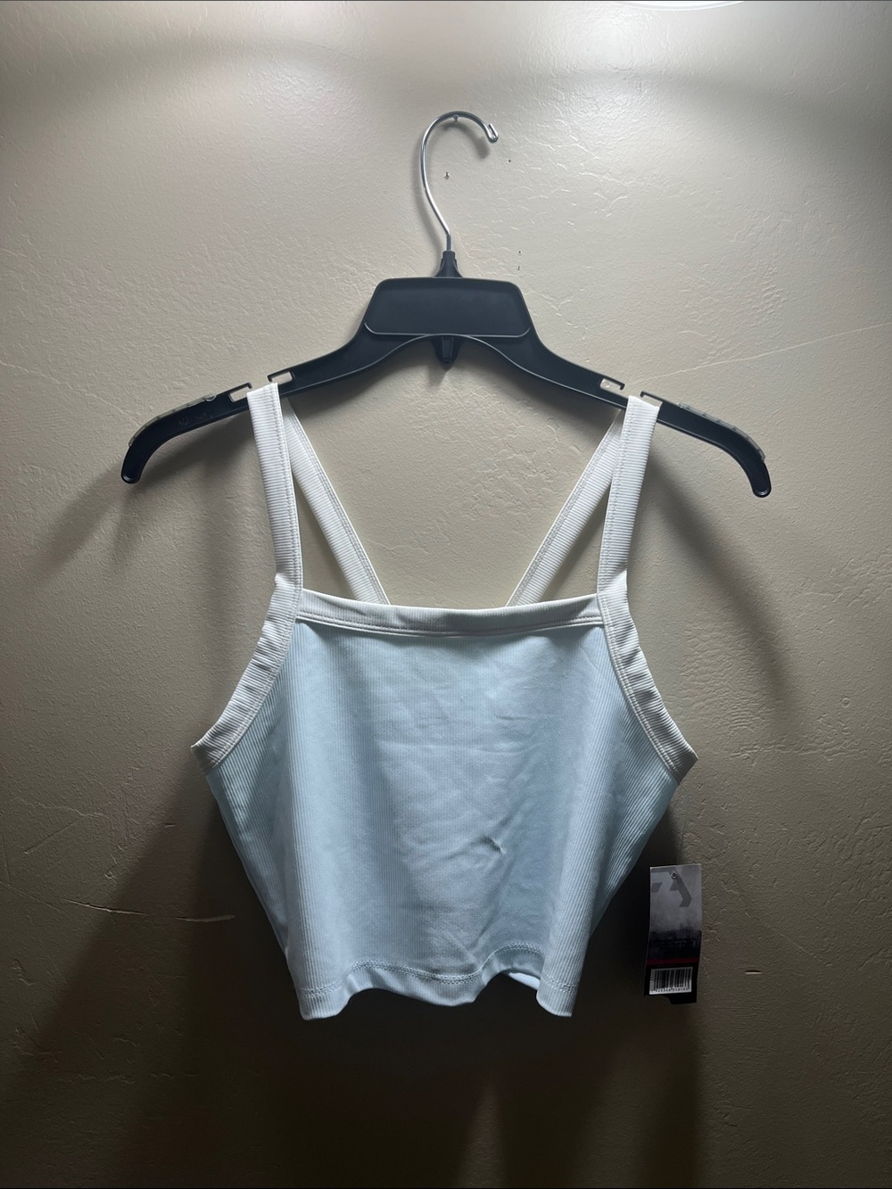 White Ribbed Square-Neck Crop Tank with Double Straps